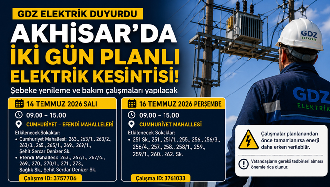 Akhisar'da İki Gün Planlı Elektrik Kesintisi Uygulanacak
