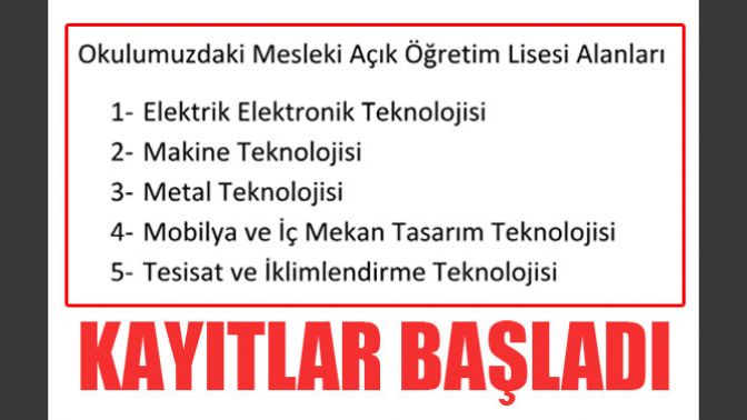 Mesleki Açık Öğretim Lisesi Kayıtları Devam Etmektedir